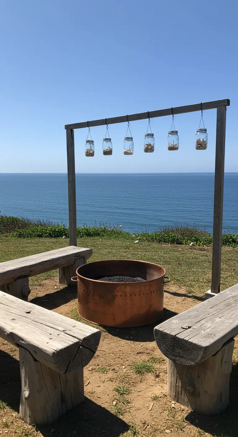 A fire pit overlooking the ocean with rustic benches and mason jars filled with seashells.