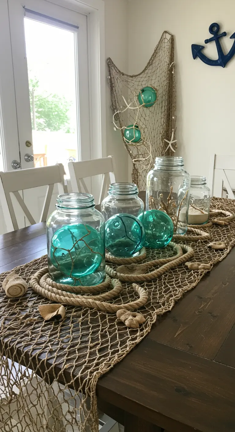 A nautical-themed table centerpiece with a fishing net, glass floats, and rope.