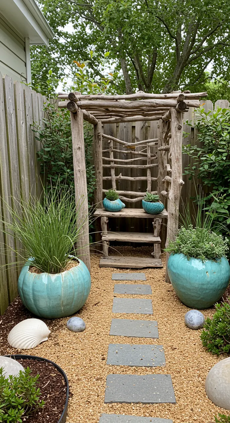A small garden path with a driftwood pergola, turquoise planters, and stepping stones on gravel.