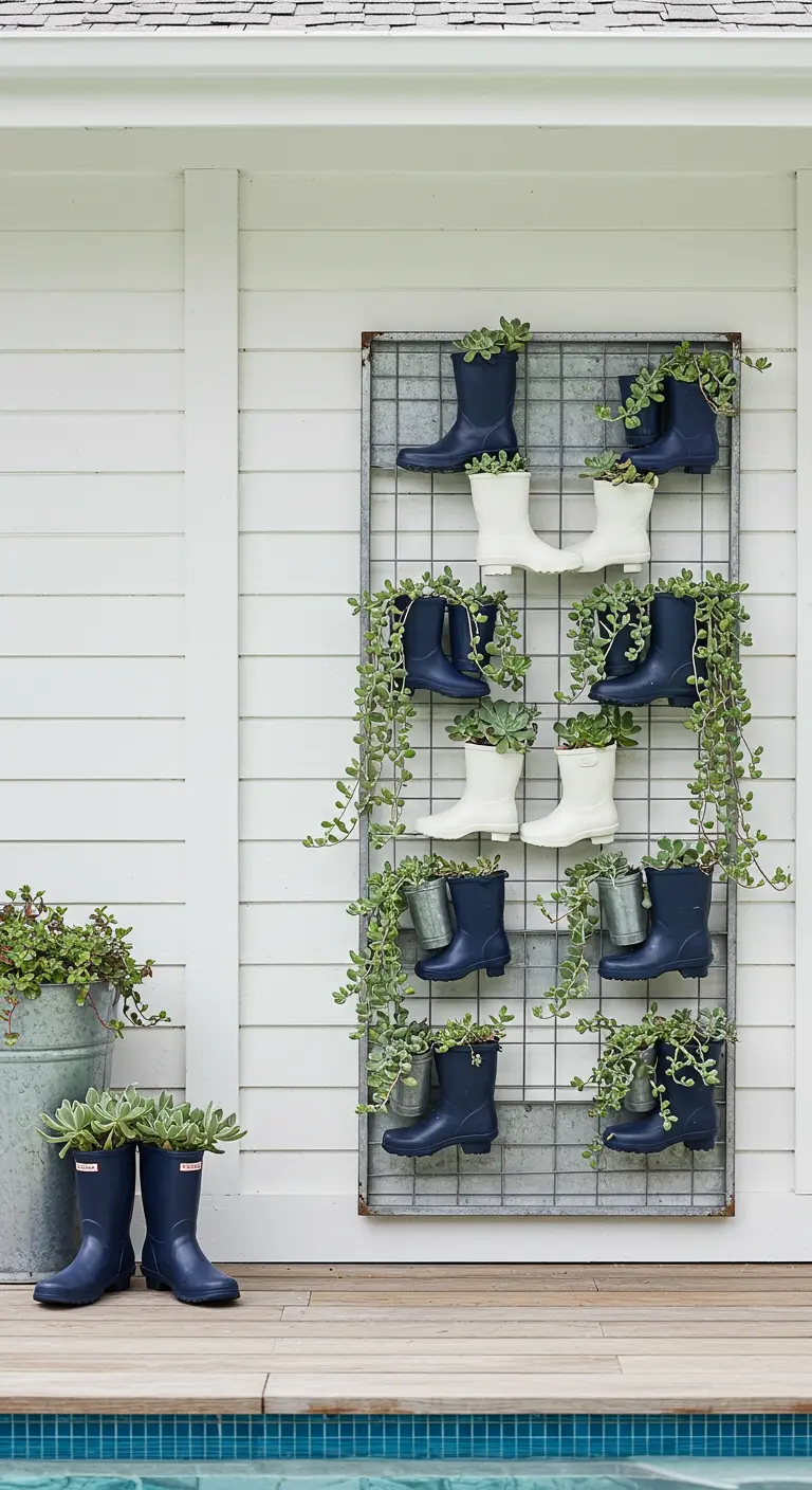 Navy and white rain boots with succulents on a trellis against a white house.