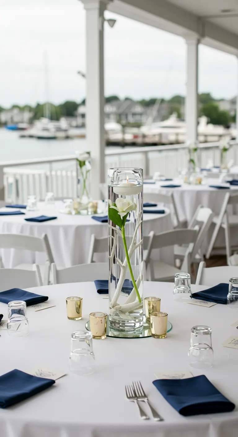 Tall cylinder vase with a single calla lily, white driftwood, and a floating candle.