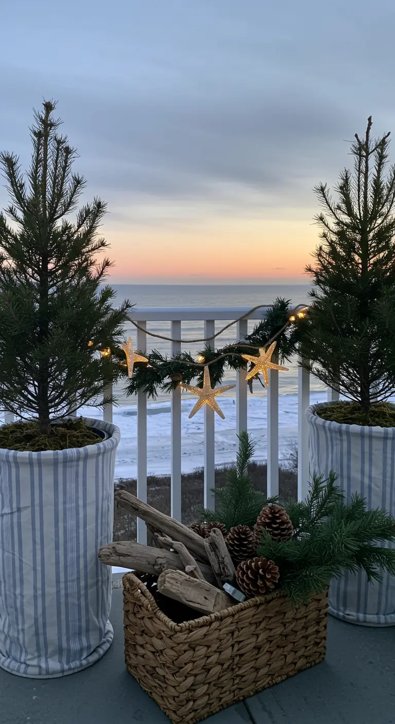 Two planters in striped fabric on a seaside balcony, with a basket of driftwood and starfish lights.