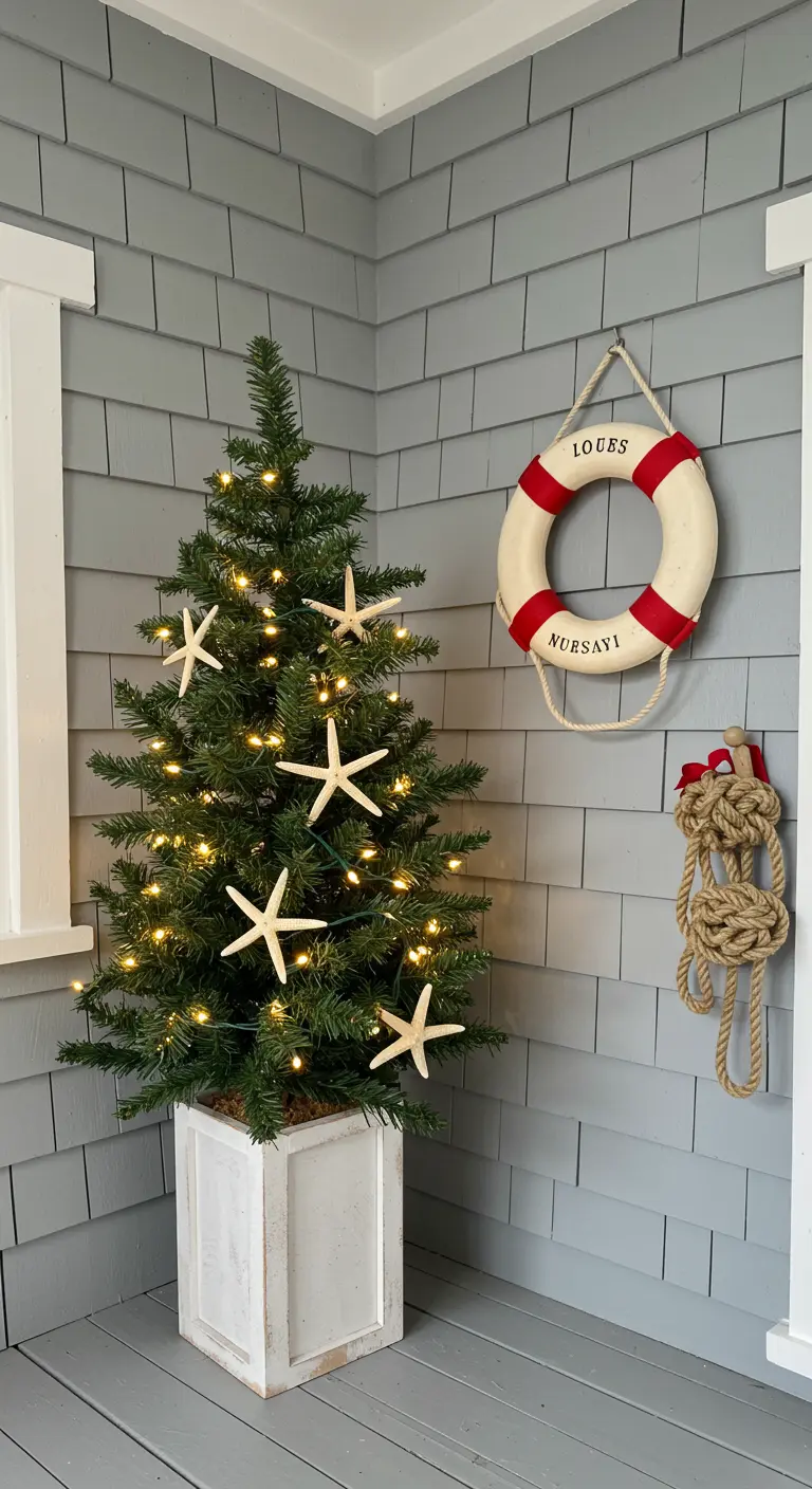 A mini Christmas tree in a white planter decorated with starfish.