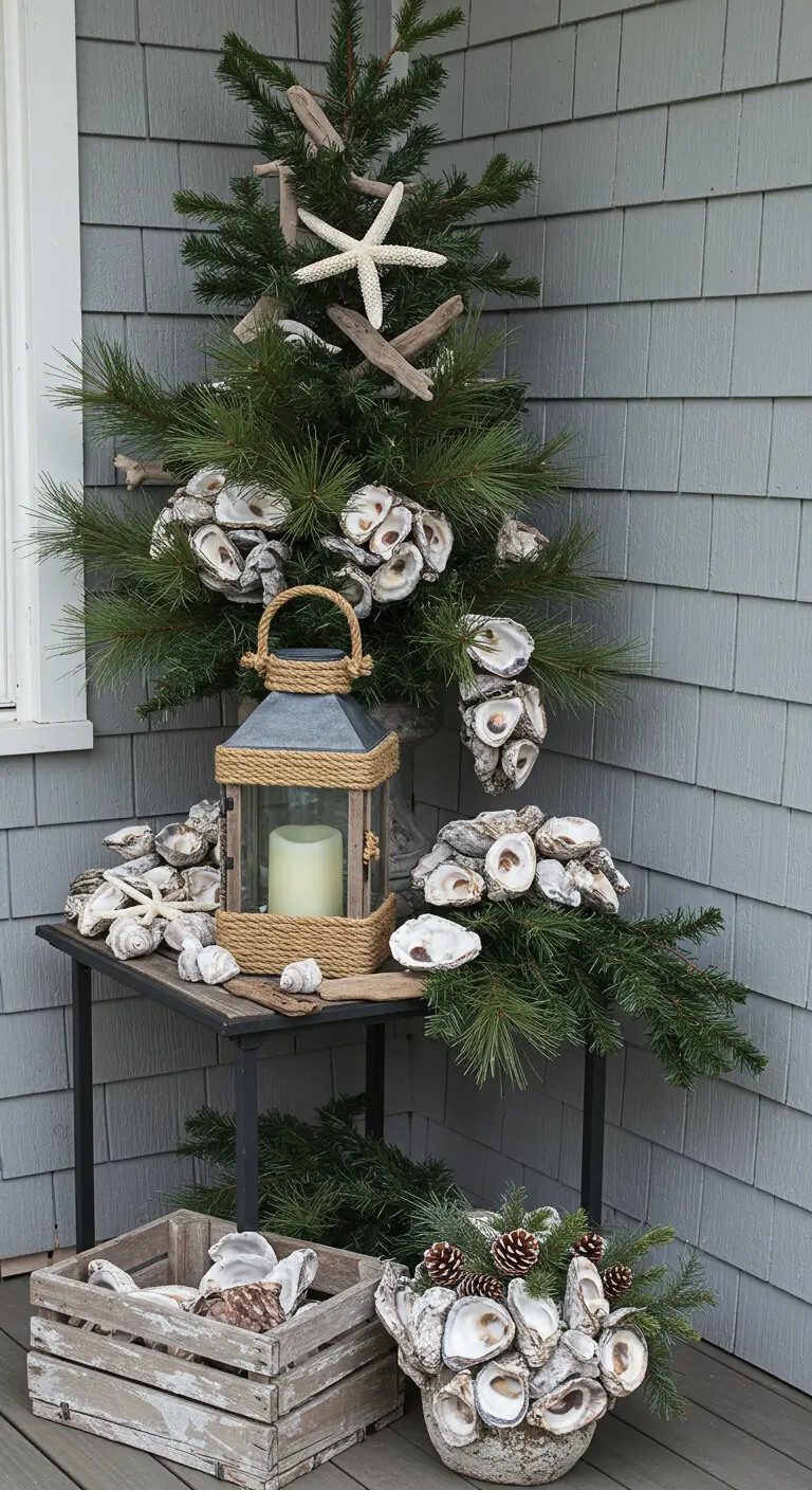 A Christmas tree decorated with oyster shells, driftwood, and a rope-wrapped lantern.