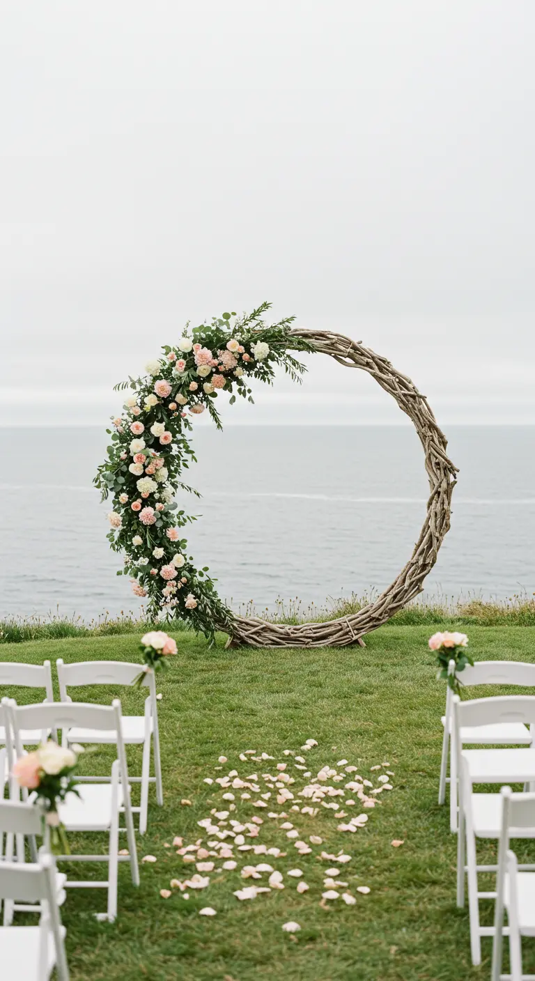 A large grapevine floral hoop on a cliff overlooking the ocean.