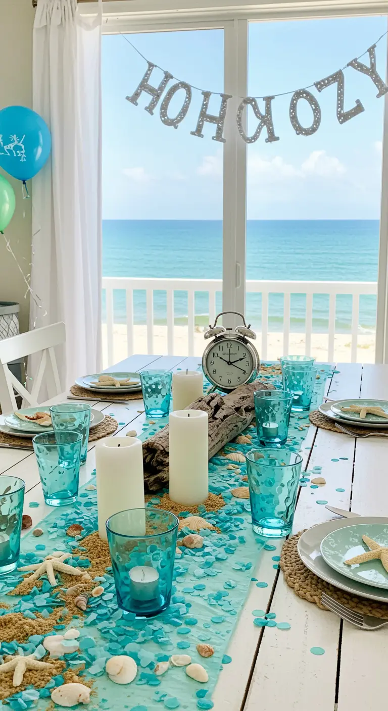 A coastal-themed NYE table with a driftwood centerpiece, sand, shells, and turquoise accents.
