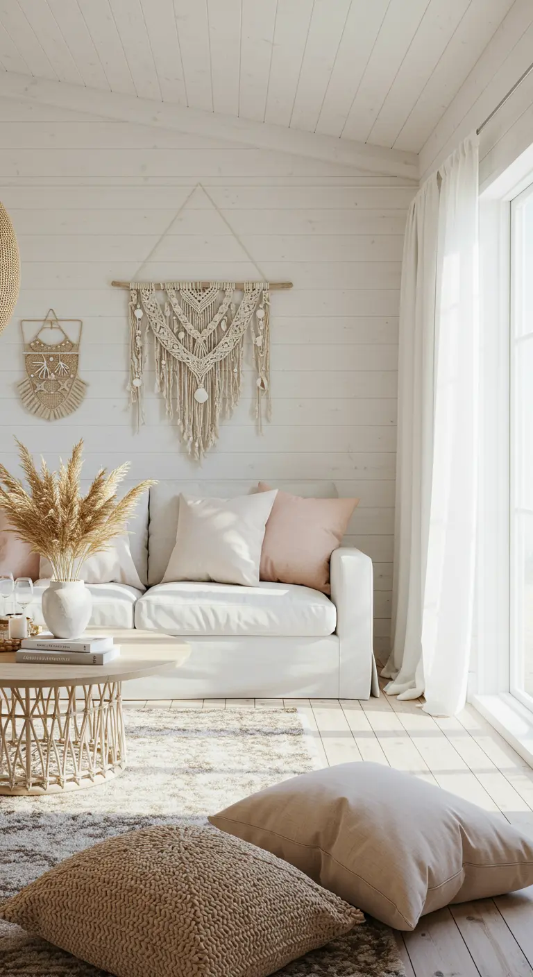 A light and airy living room with a white sofa, shell-adorned macramé, and pampas grass.