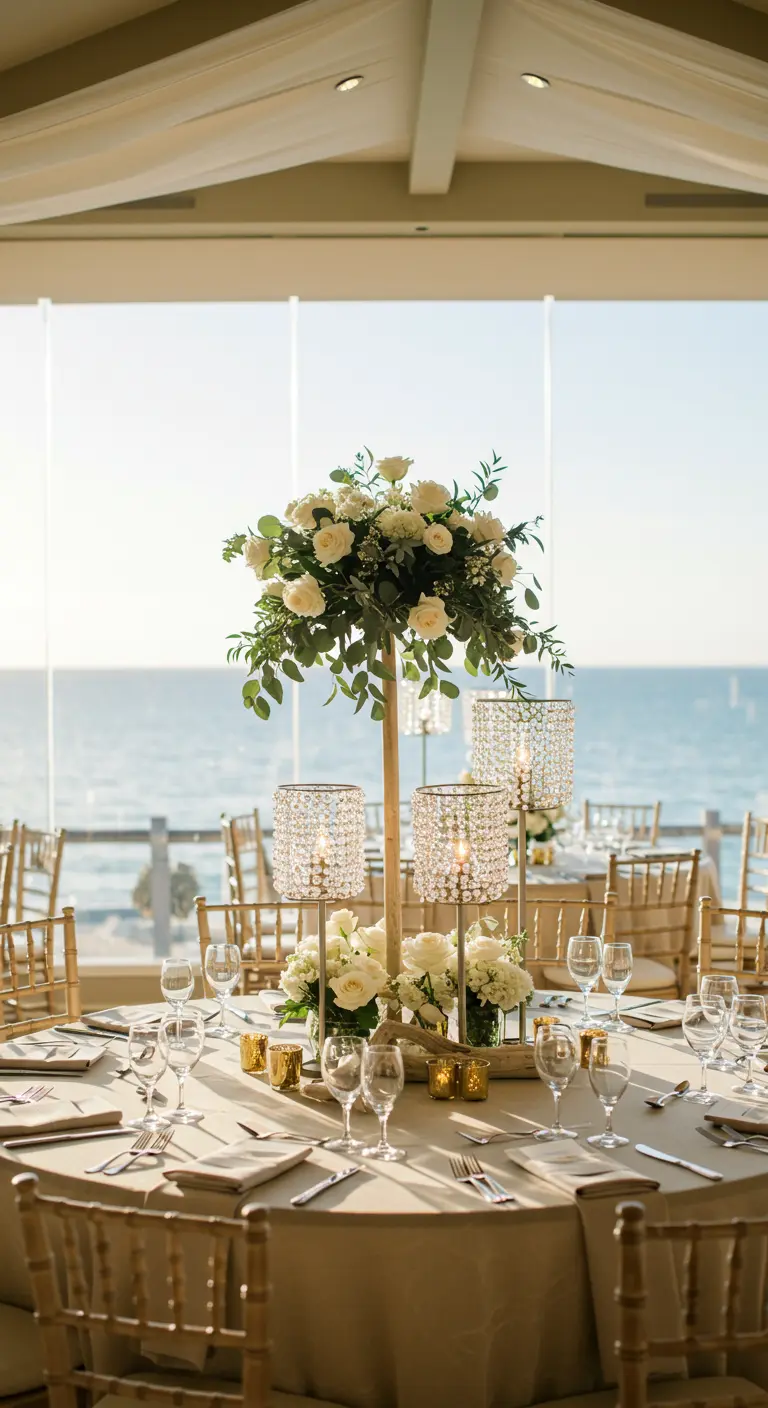A seaside wedding centerpiece with tiered crystal lamps and white roses, overlooking the ocean.