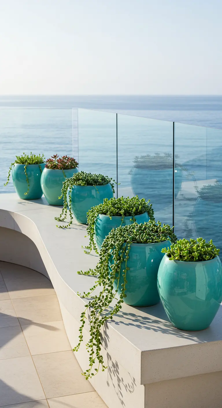 Curved white concrete bench with a row of turquoise pots holding trailing succulents overlooking the ocean.