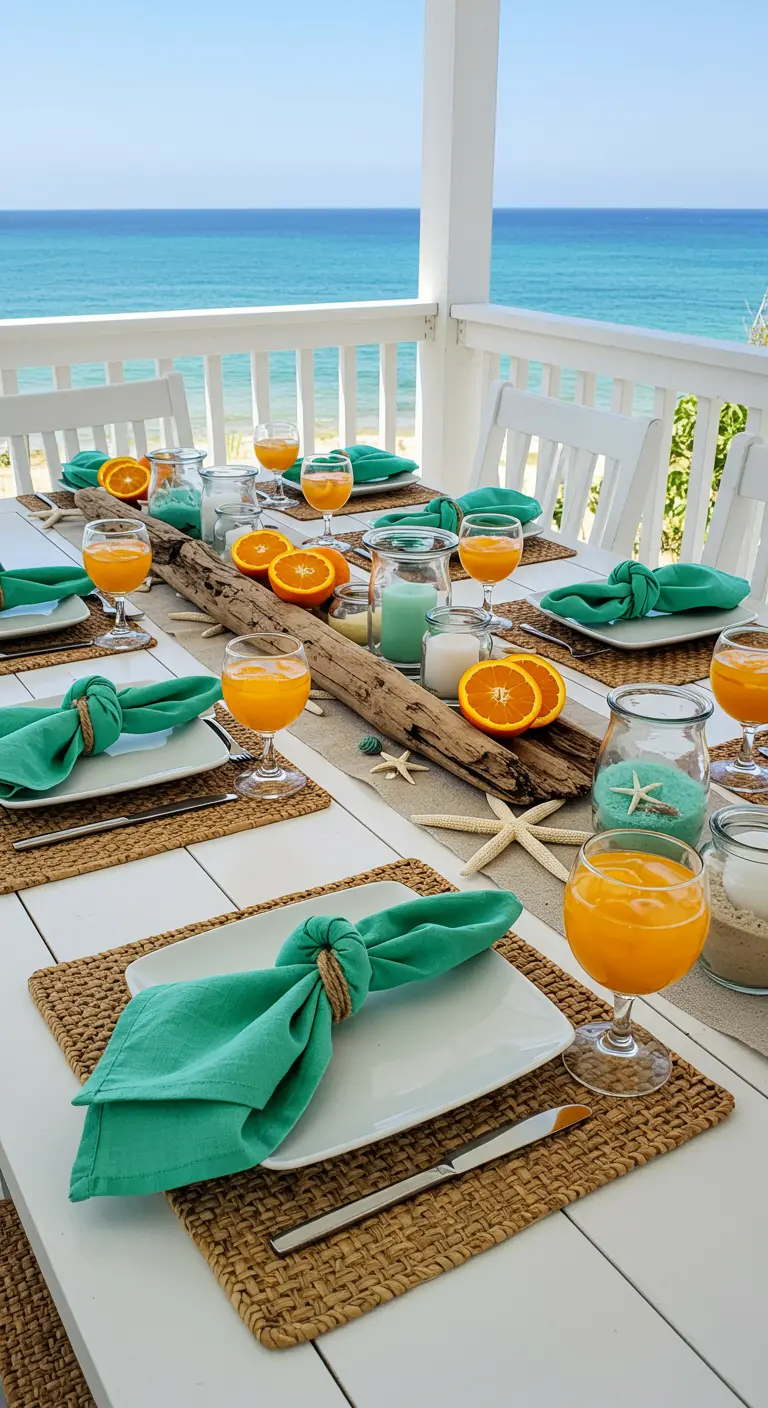 A beachside table with a driftwood centerpiece, orange slices, and turquoise napkins.