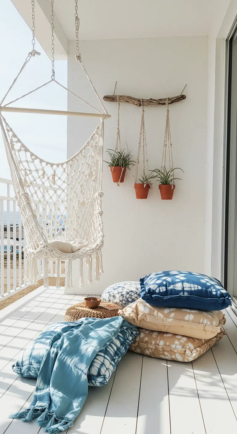 White balcony with a macrame hammock chair, driftwood planter, and blue tie-dye cushions.