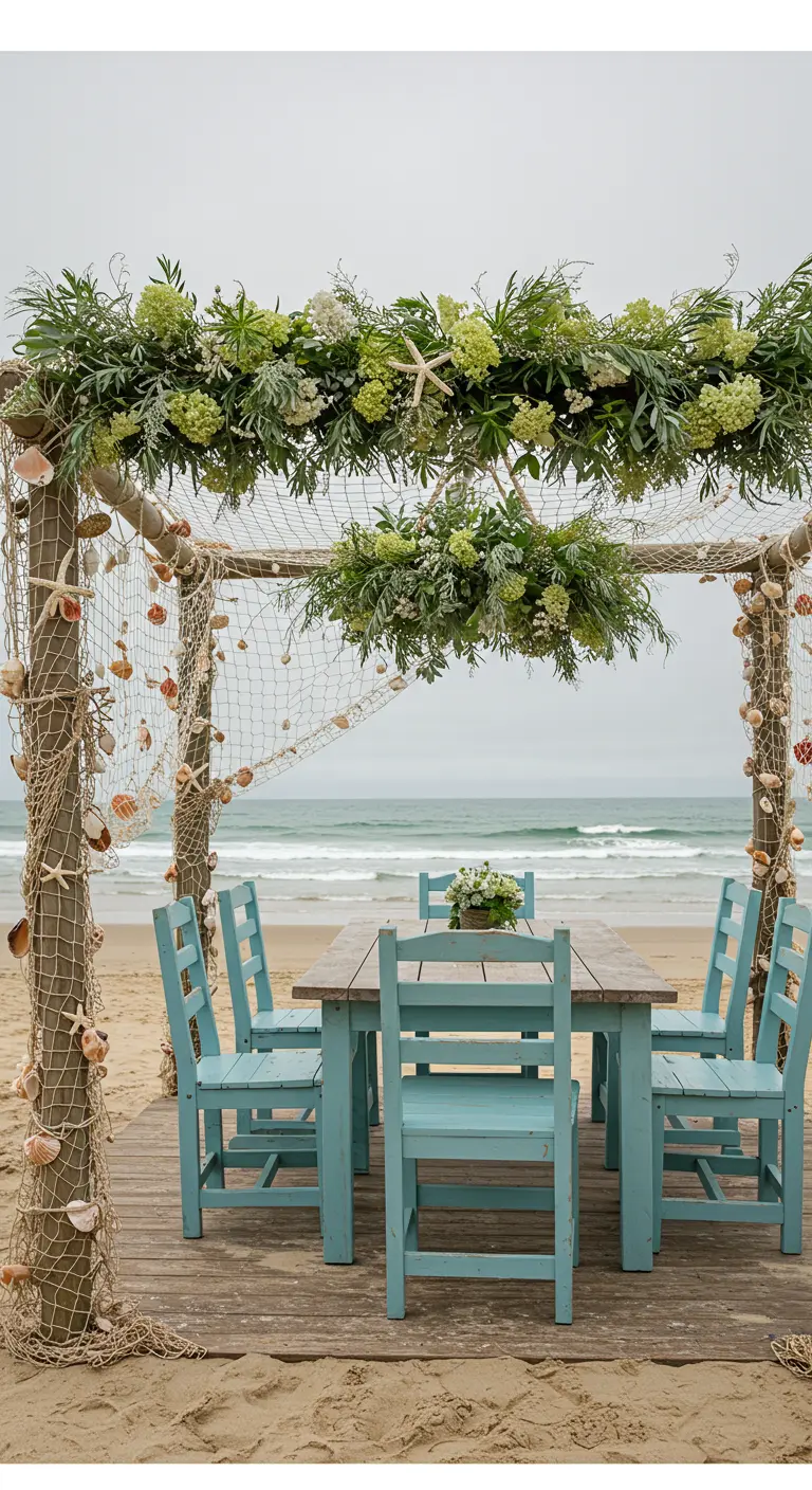A beachside dining area with a floral chandelier of green and white, decorated with fishing nets.