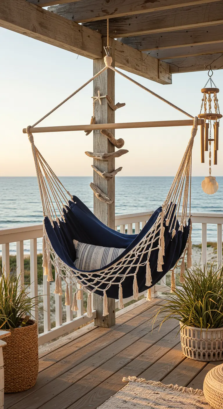 A navy blue hammock chair with natural tassels hanging on a beach house deck overlooking the ocean.