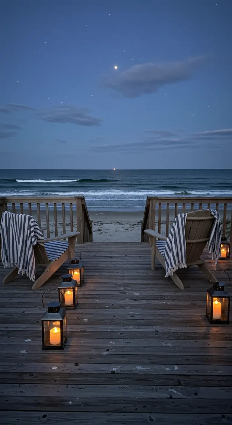 A wooden beach deck with two Adirondack chairs and several black lanterns looking out at the ocean.