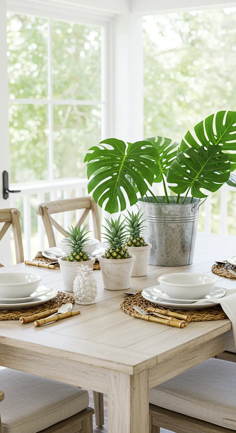 A light wood table with mini pineapples in pots and a large monstera in a bucket