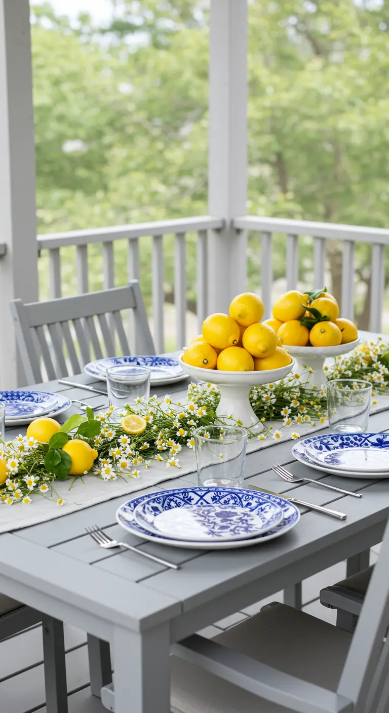 A grey patio table set with blue and white plates and a fresh chamomile and lemon garland.