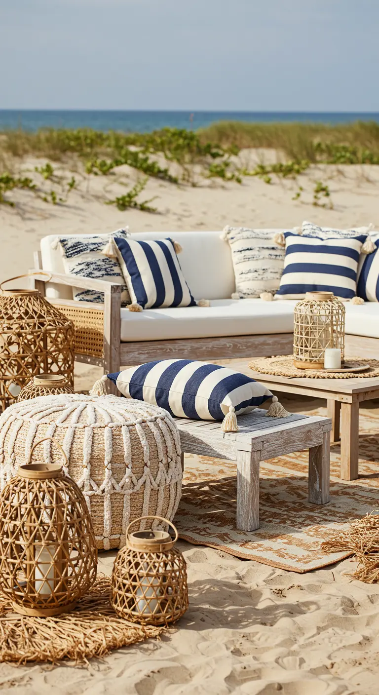 A beach lounge setup with woven lanterns and navy and white striped tassel pillows.