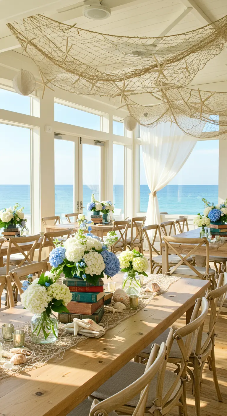 Beach-themed room with ocean view, bookstack centerpieces with blue and white flowers, and net decor.