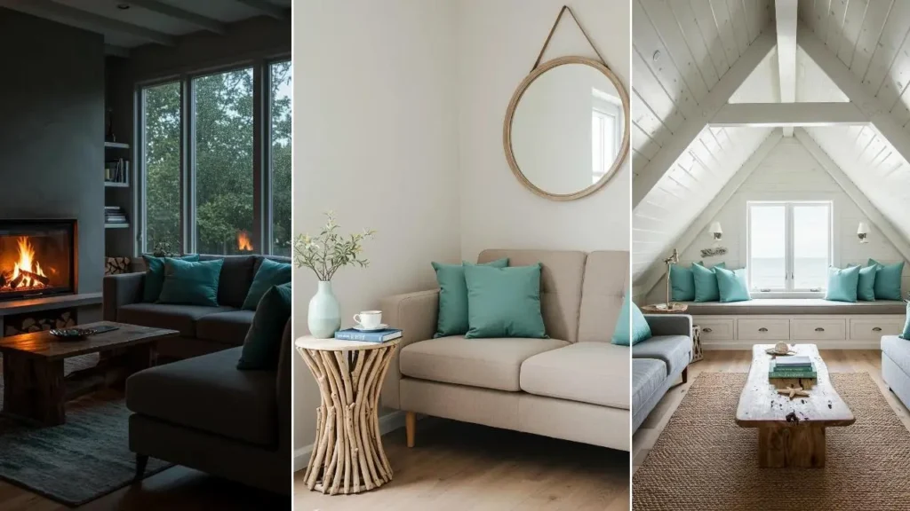 Three calm coastal minimalist living rooms with soft aqua throw pillows and rustic driftwood tables.