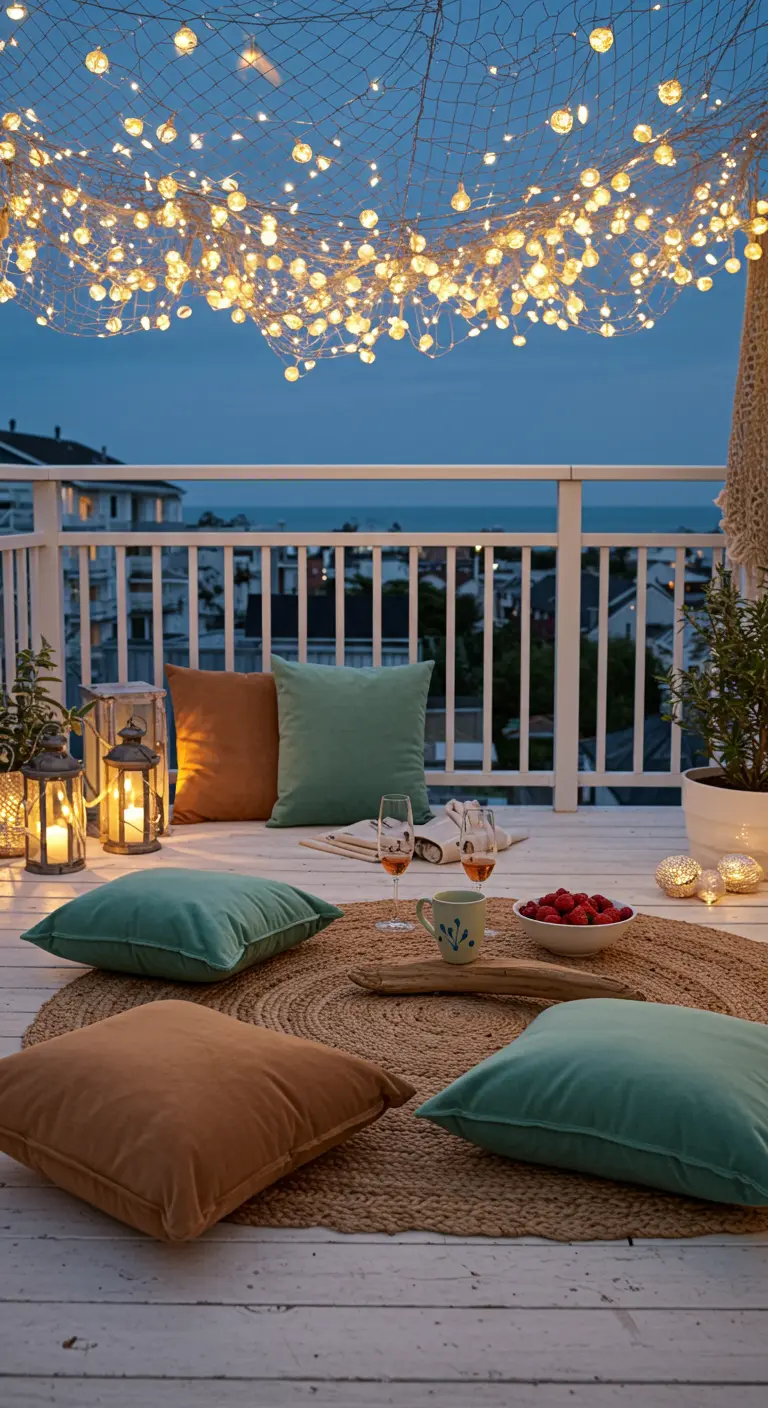 Deck with fairy lights draped over a net, earth-toned cushions, and lanterns by the sea.