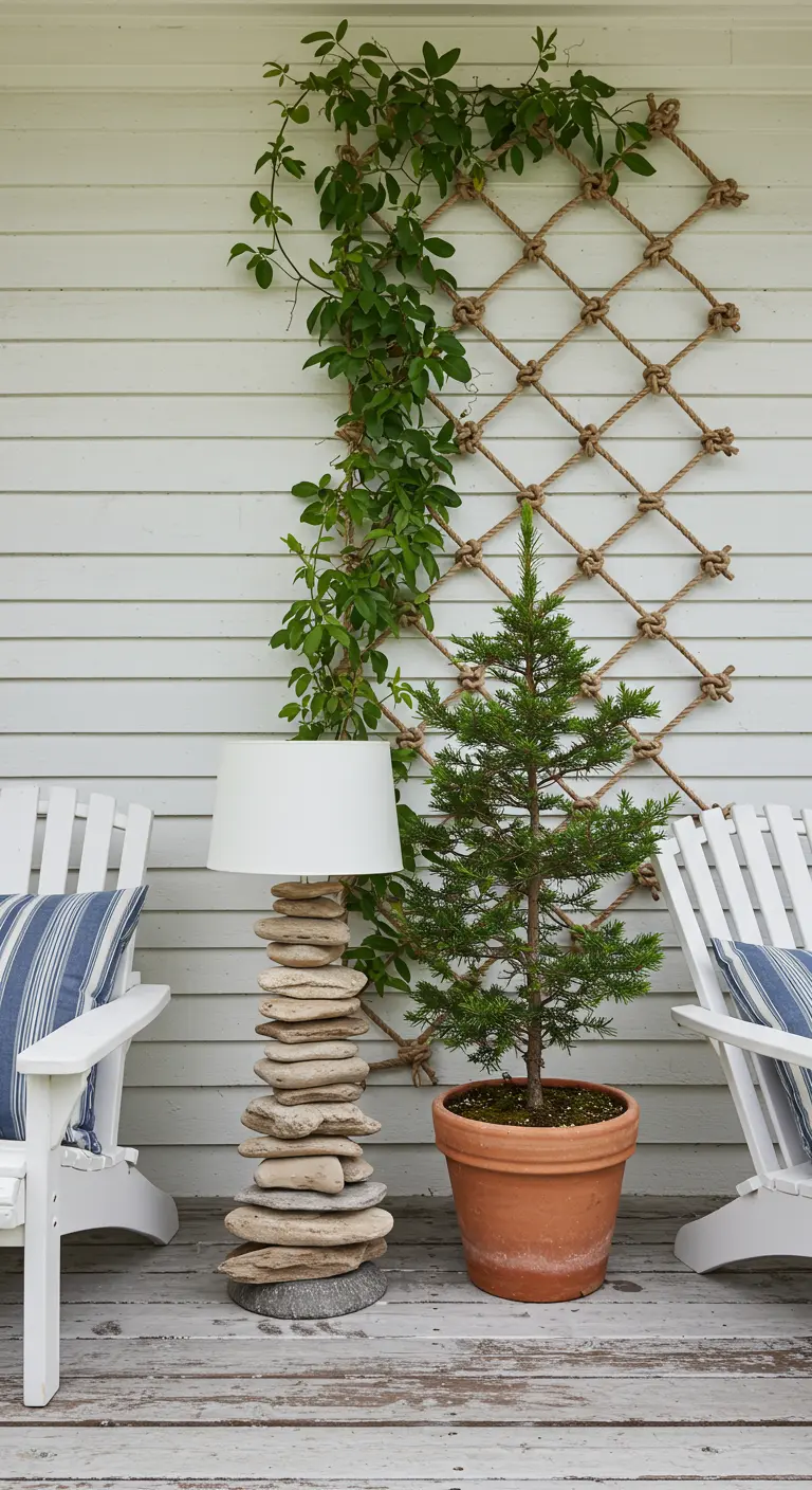 A coastal-themed porch with a trellis made of rope and a lamp made of stacked stones.