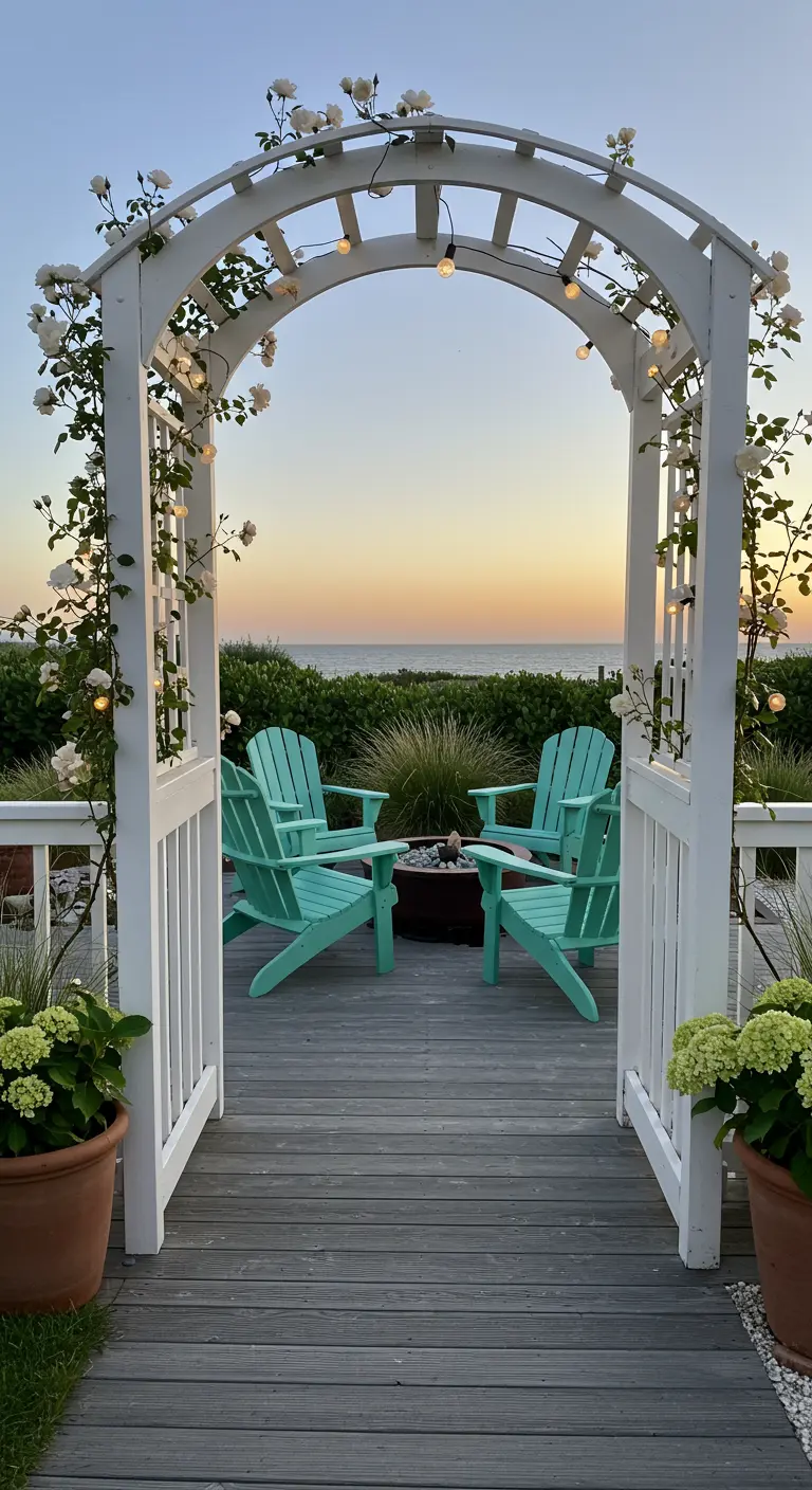 White wooden arch with white climbing roses and string lights framing a view of the ocean.