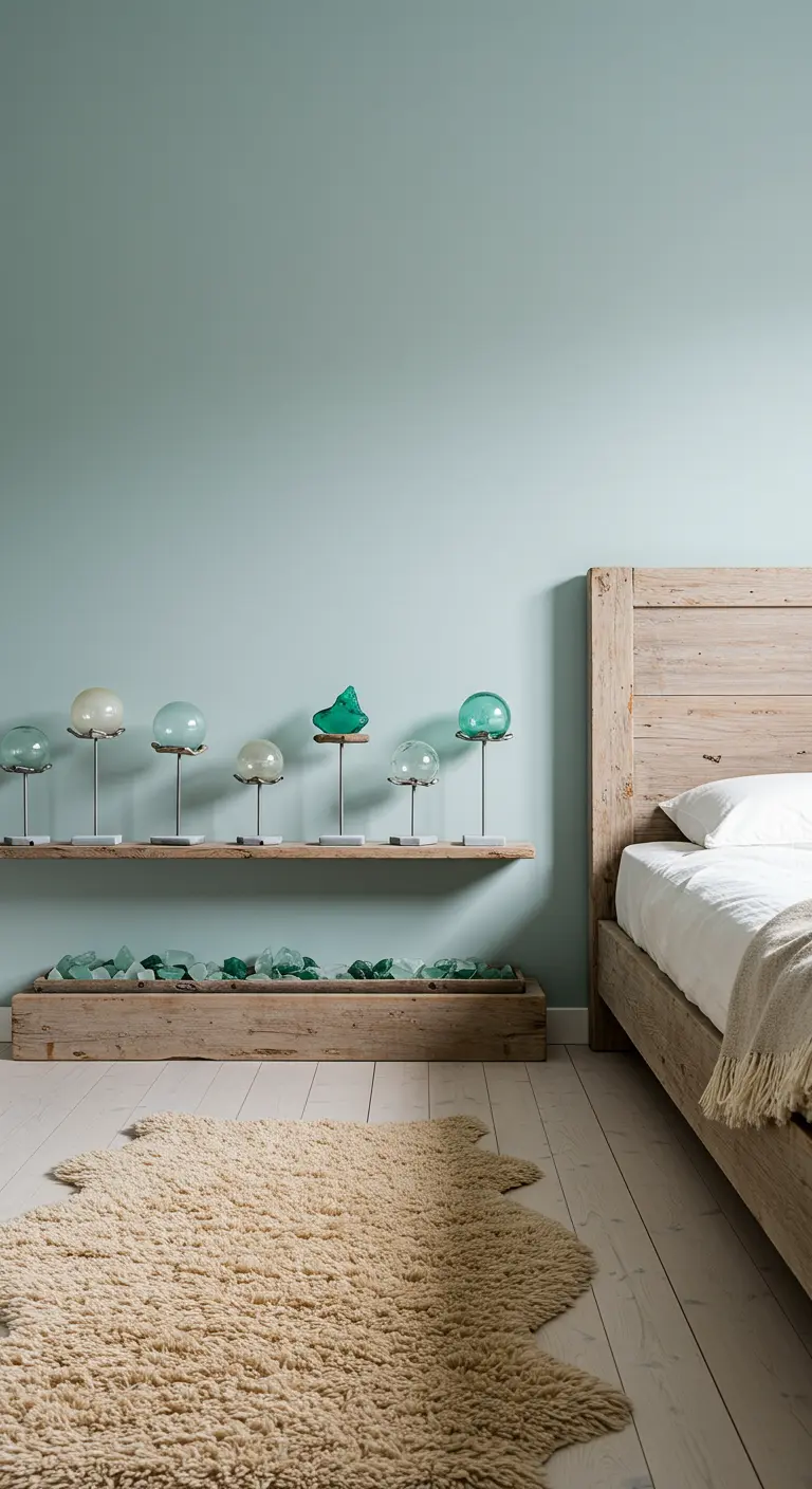 Bedroom with reclaimed wood furniture and sea glass decor on a shelf.