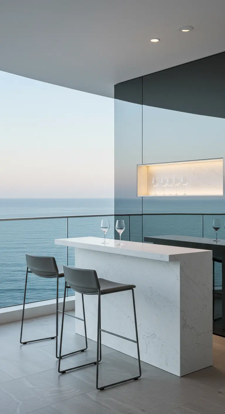 Minimalist white marble balcony bar with a mirrored wall reflecting the ocean.