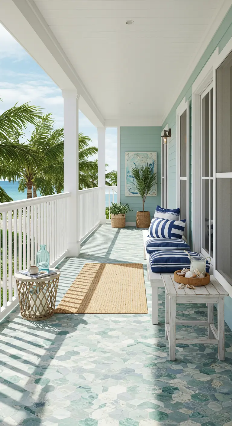 A coastal porch with light green terrazzo tiles, a white bench with striped pillows, and a palm tree.