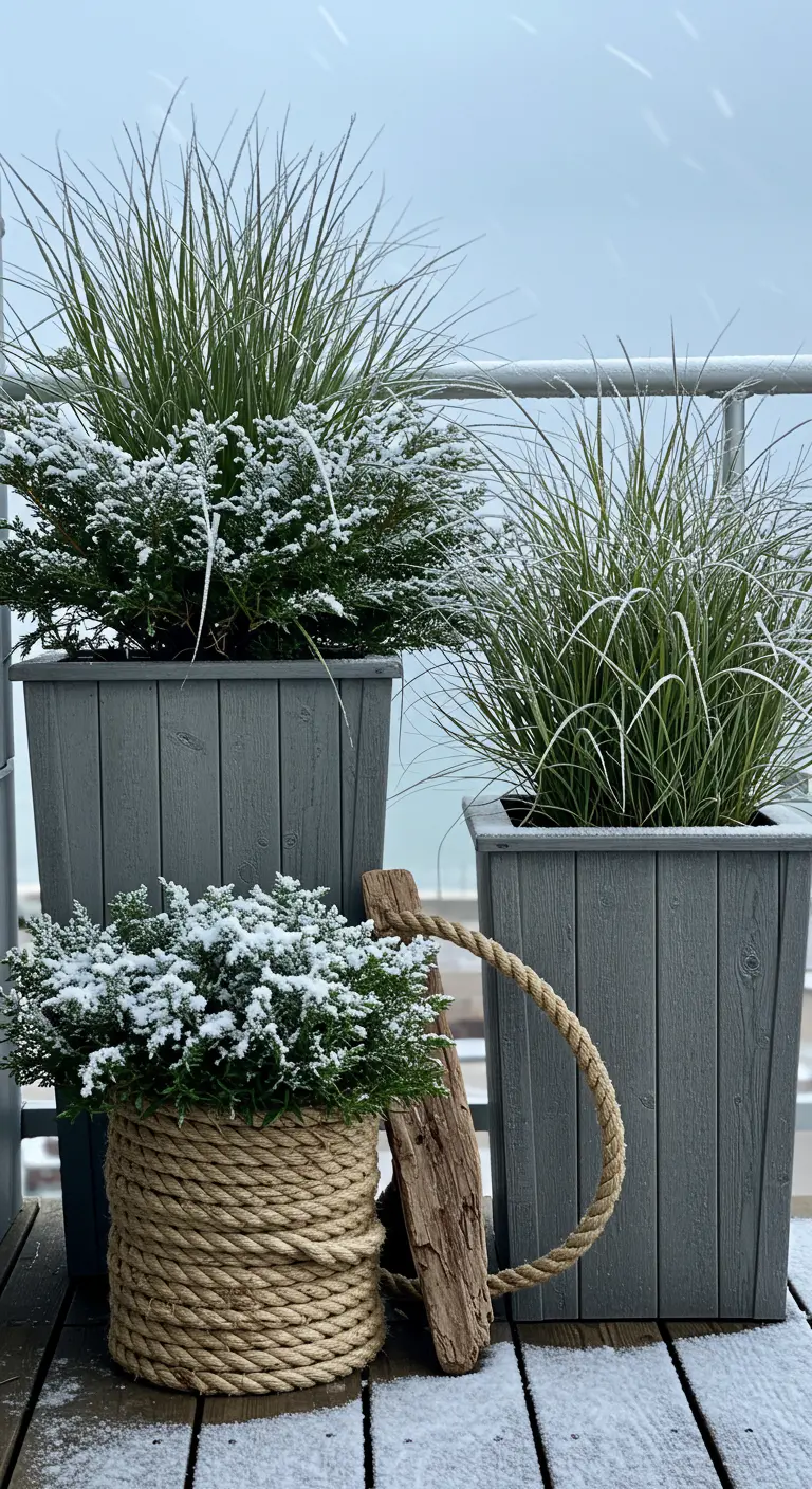 Gray planters with ornamental grasses and a rope-wrapped pot on a snowy deck.