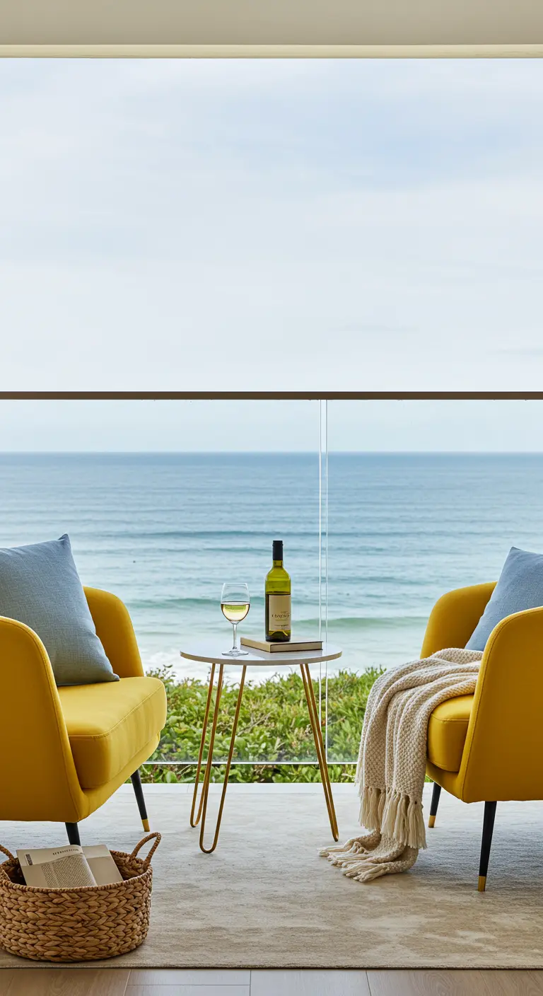 Two mustard yellow armchairs on a balcony overlooking the ocean, with a small hairpin leg table.