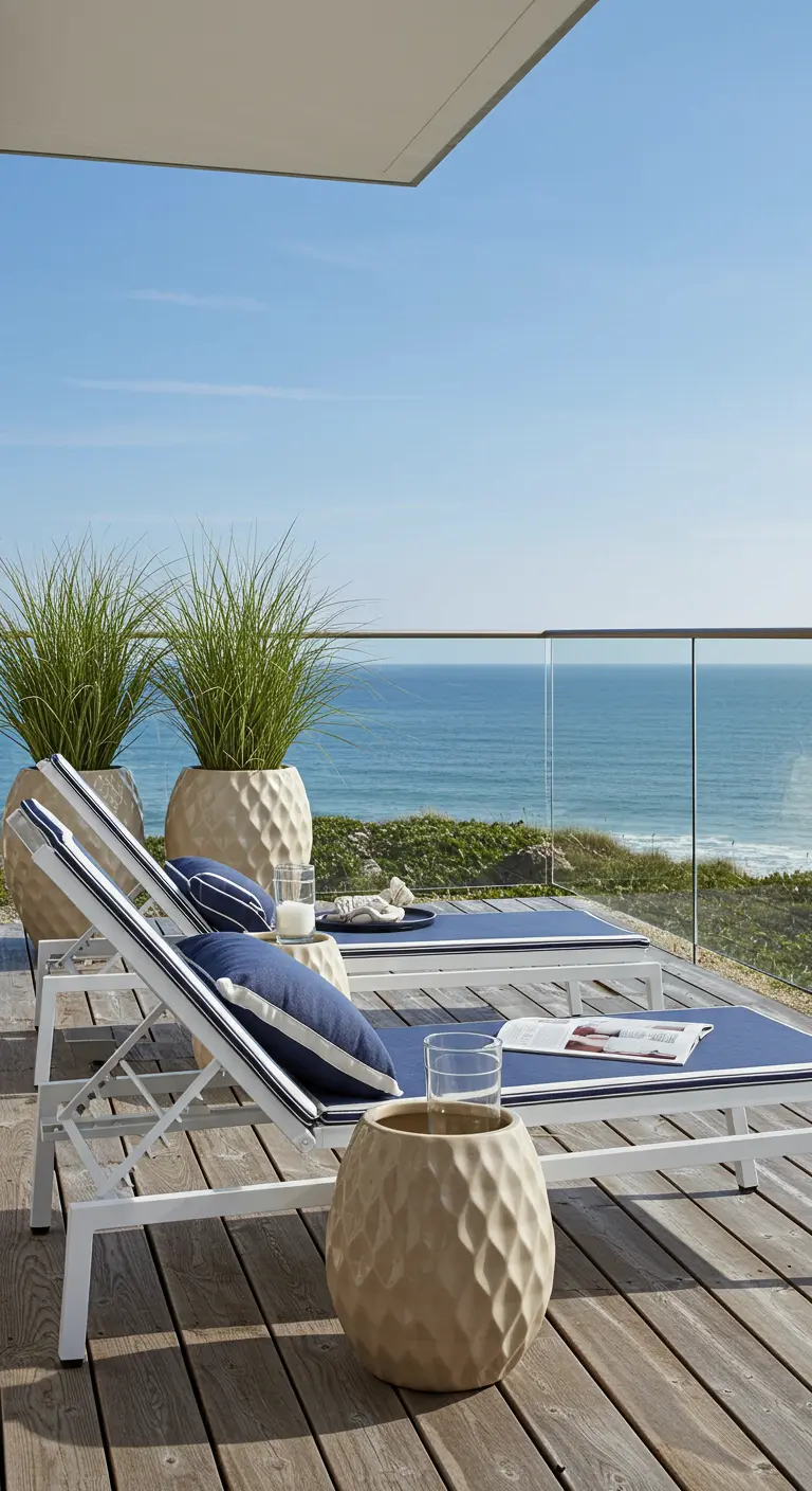 White chaise lounges with blue cushions on a deck overlooking the ocean, with textured planters.