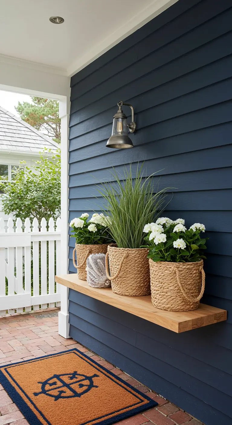 A teak shelf on a navy blue wall by a front door, with baskets of white flowers and grasses.