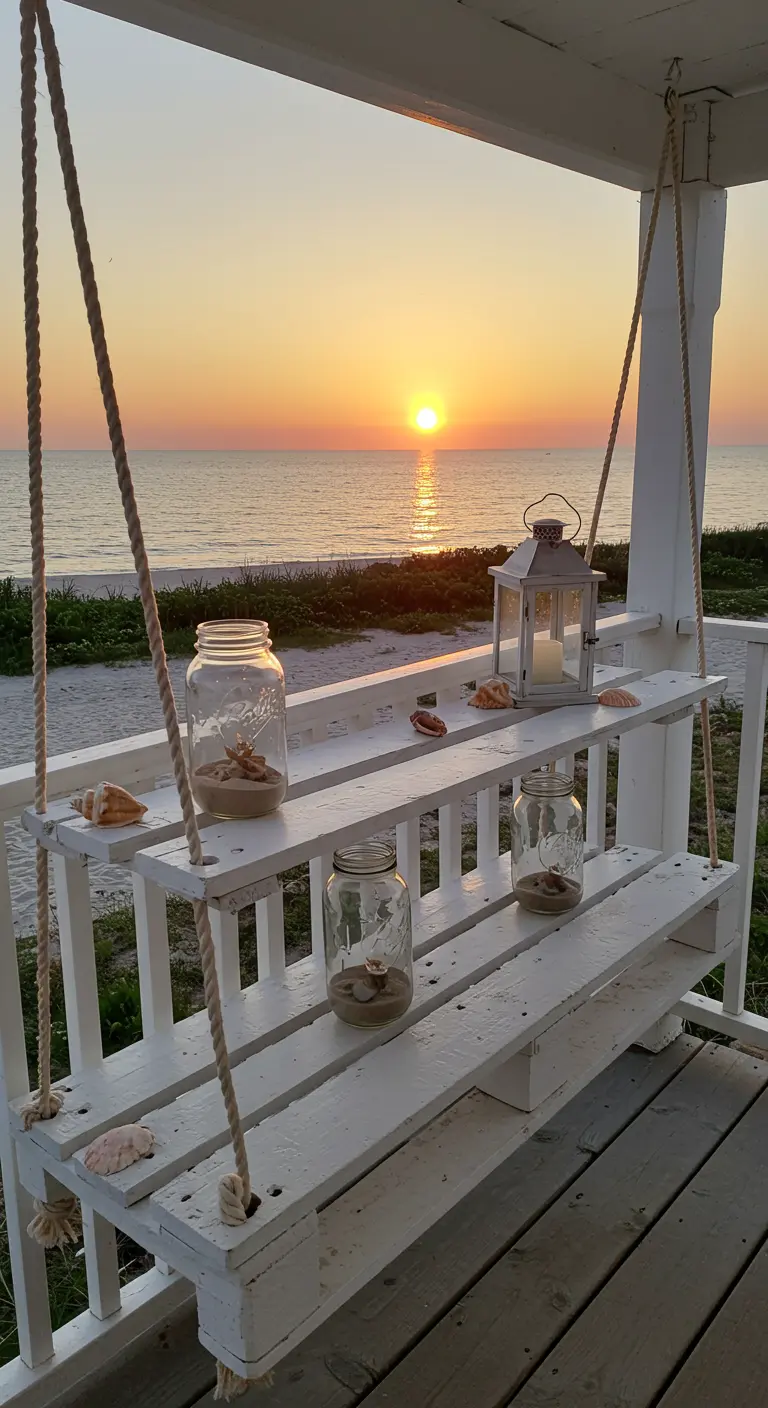 A white double pallet shelf hanging on a beach porch, decorated with sand-filled jars and shells.