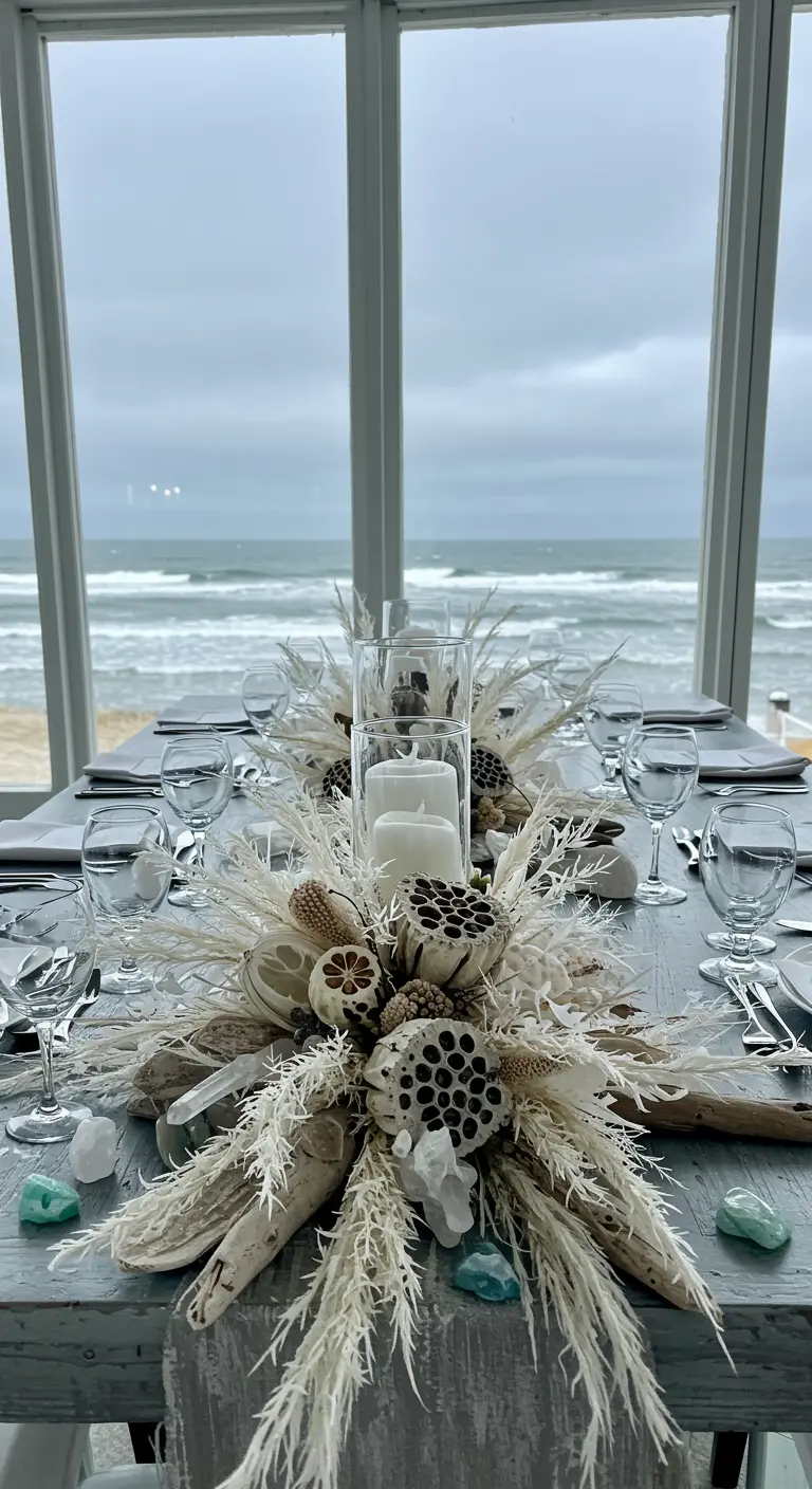 Coastal-themed table centerpiece with driftwood, dried lotus pods, and white grasses.