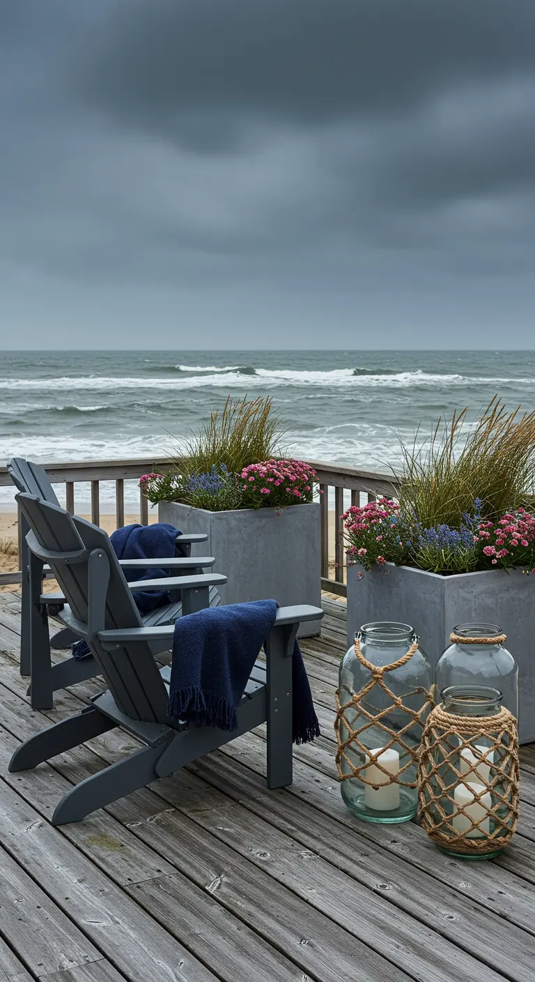 A coastal deck with gray chairs, navy blankets, and rope-wrapped lanterns overlooking the ocean.