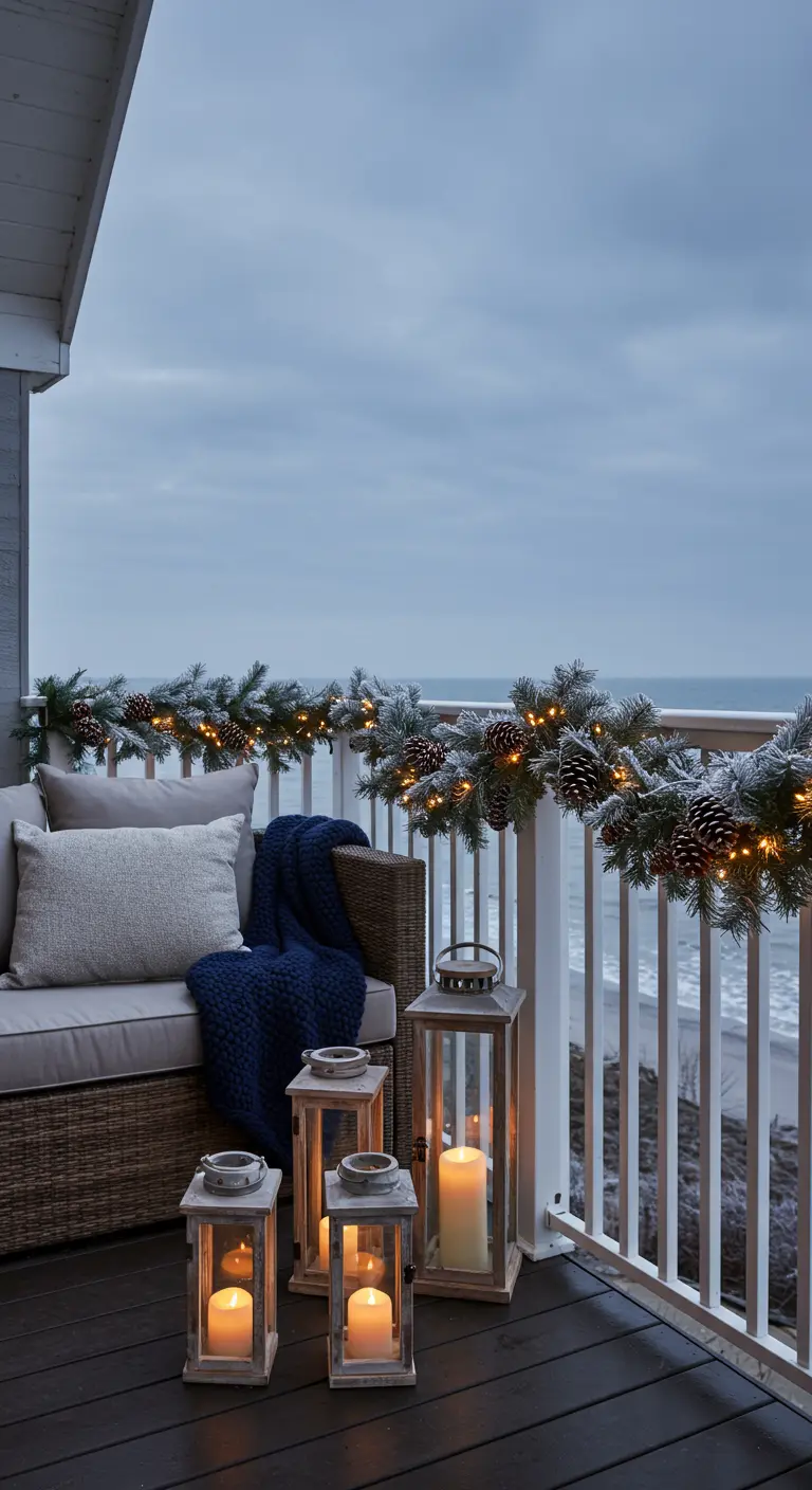 Balcony by the sea with a lit garland on the railing and cozy wooden lanterns.