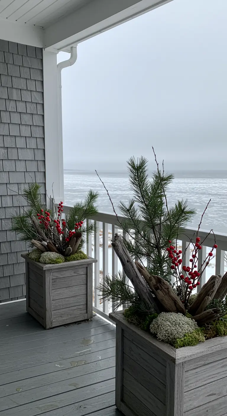 Weathered wood planters on a coastal porch, using driftwood, pine, berries, and pale moss.