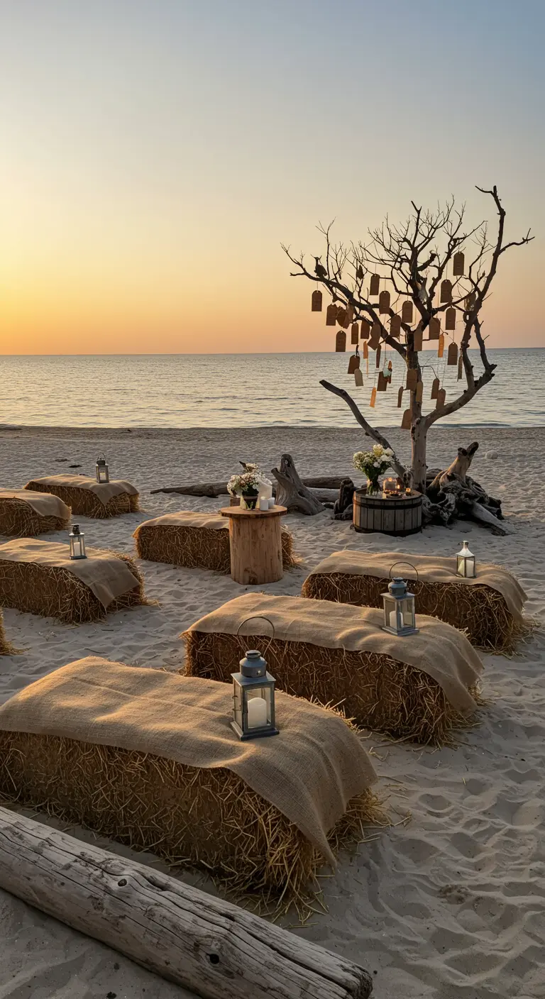 Beach sunset party with hay bale seating and a driftwood wishing tree.