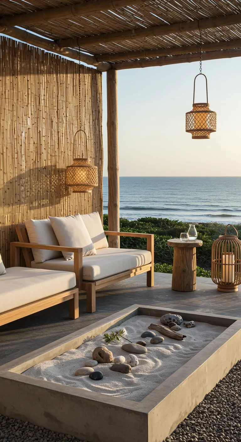 Beachside terrace with a small zen garden box filled with sand and stones.