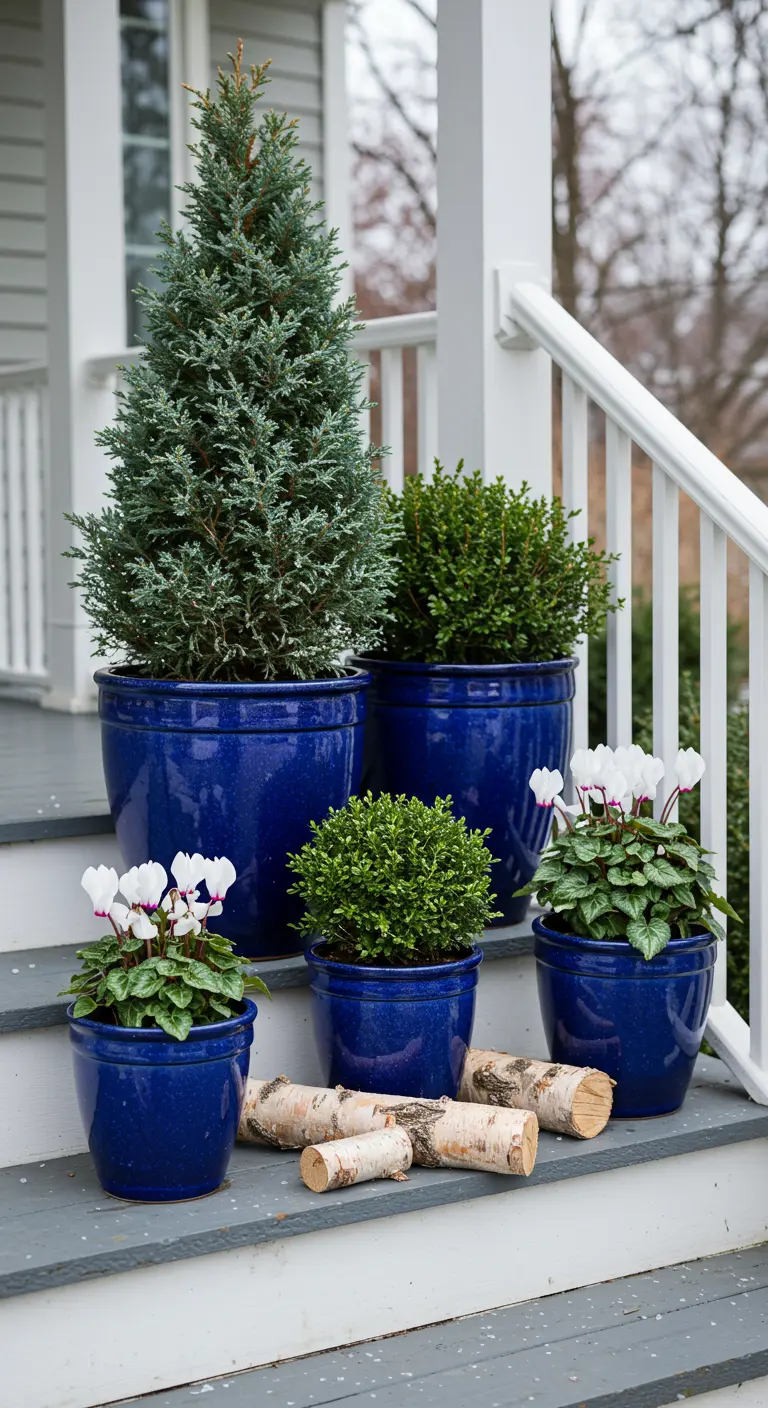 Grouping of cobalt blue pots with evergreens, white cyclamen, and small birch logs on steps.