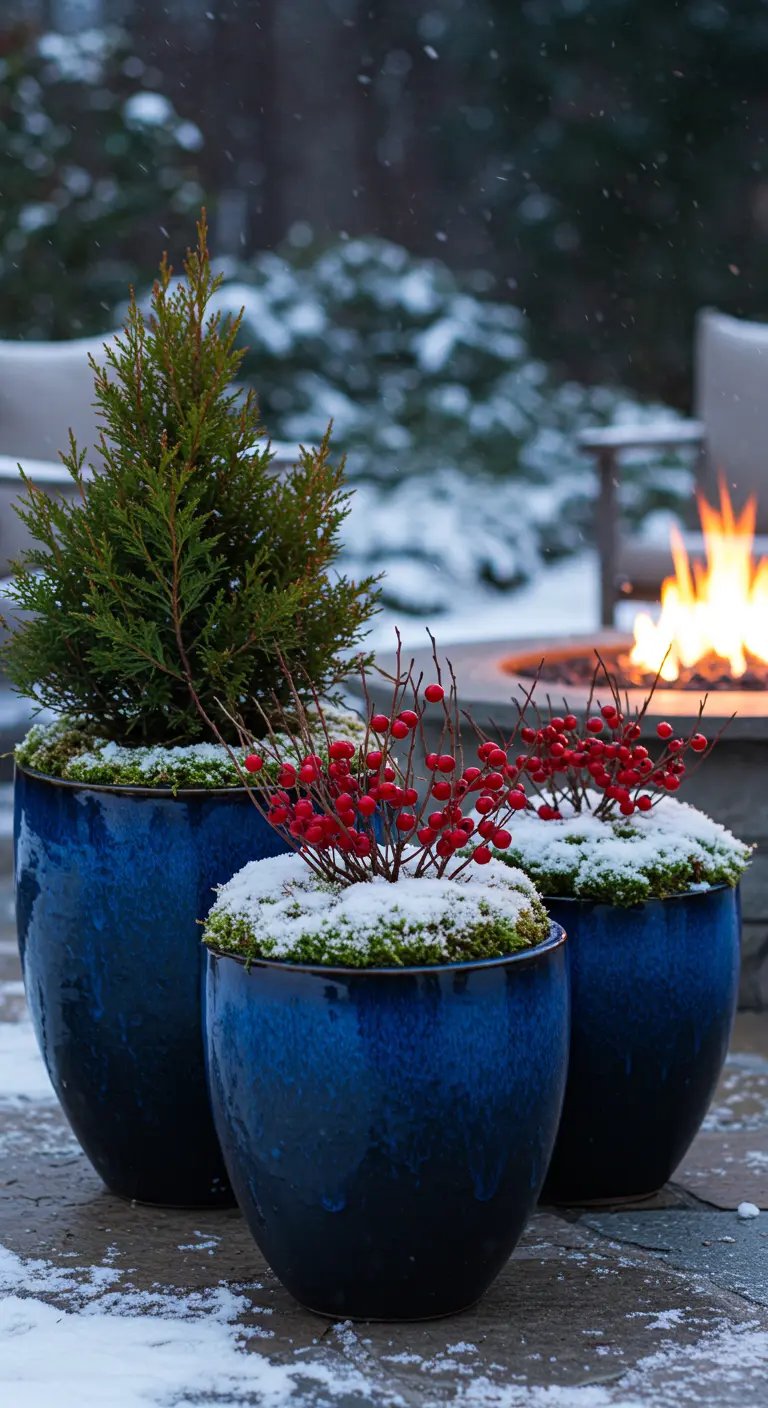 Three cobalt blue pots with evergreens and berries on a snowy patio near a glowing fire pit.