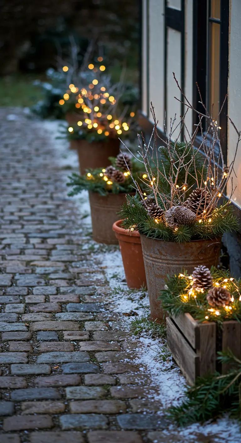 A collection of rustic, mismatched pots with winter greens along a cobblestone path.
