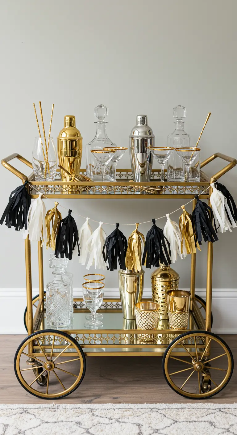 A glamorous gold bar cart decorated with a black, white, and gold crepe paper tassel garland.
