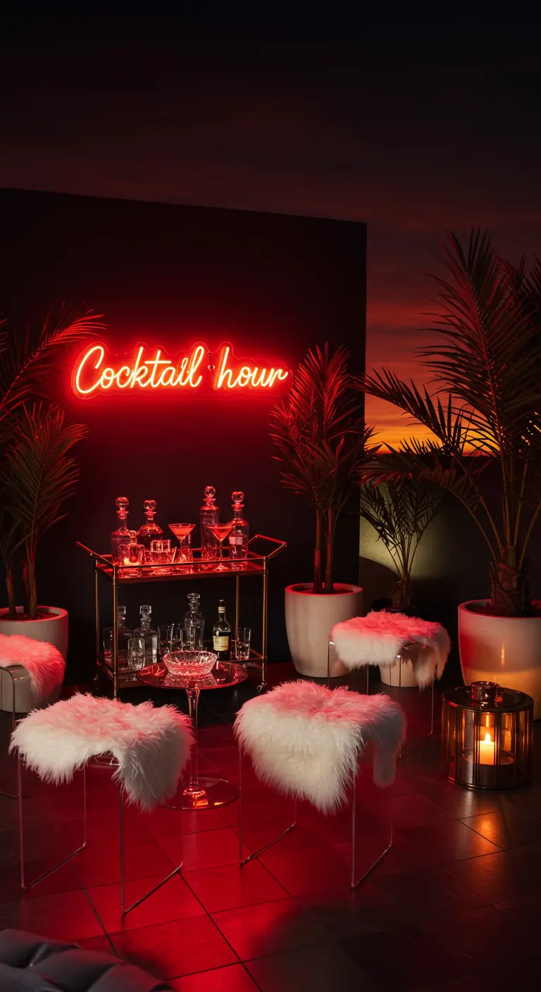 Dark, moody patio with a red 'Cocktail hour' neon sign and faux fur stools.