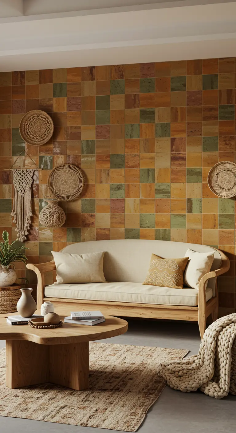A room with a neutral sofa set against a floor-to-ceiling wall of earth-toned tiles.