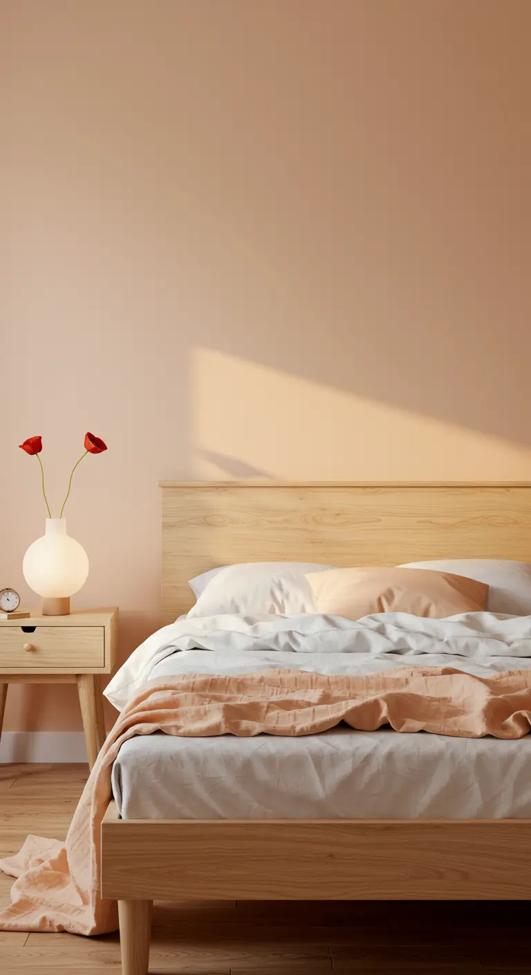 Minimalist bedroom with warm peach-colored walls and a light oak bed frame.