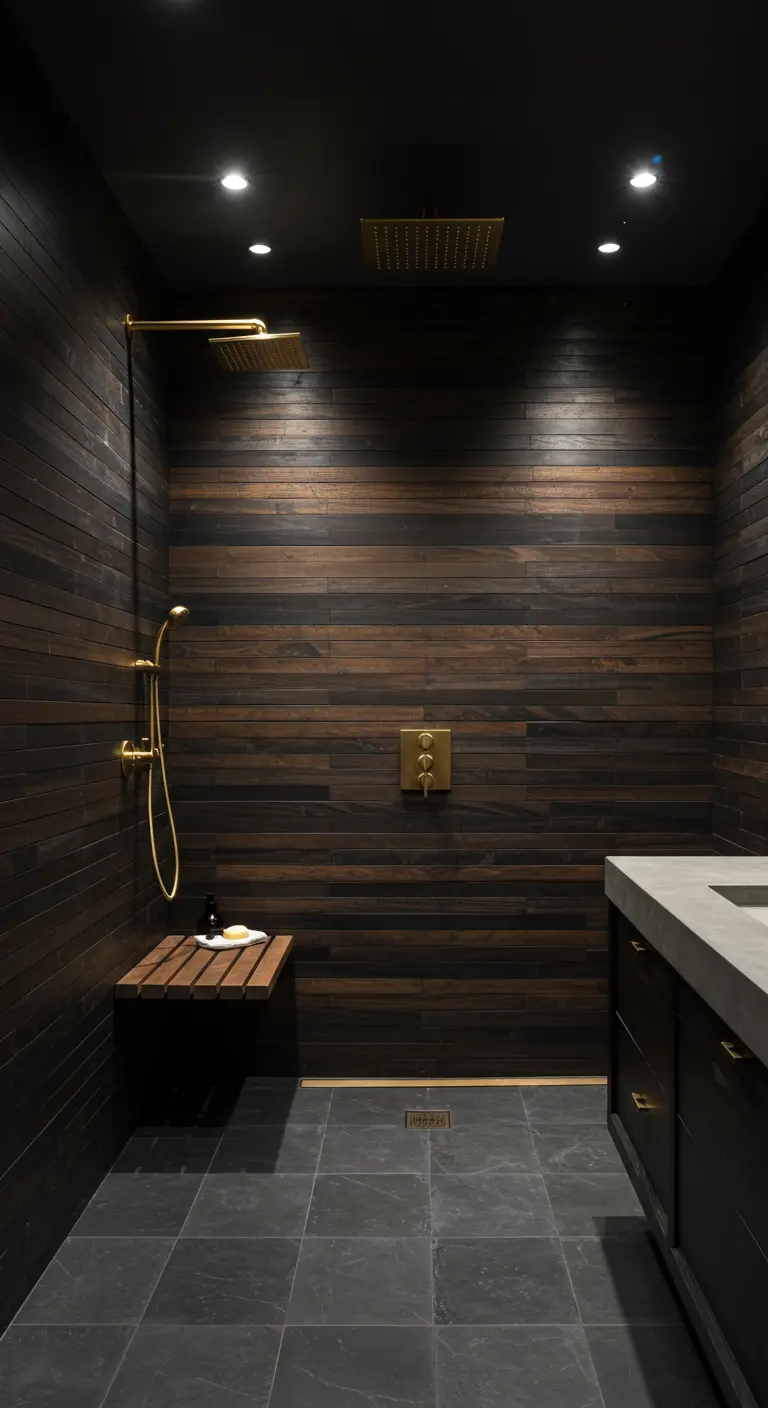 Dark wood-paneled shower with a built-in bench and overhead spotlights.