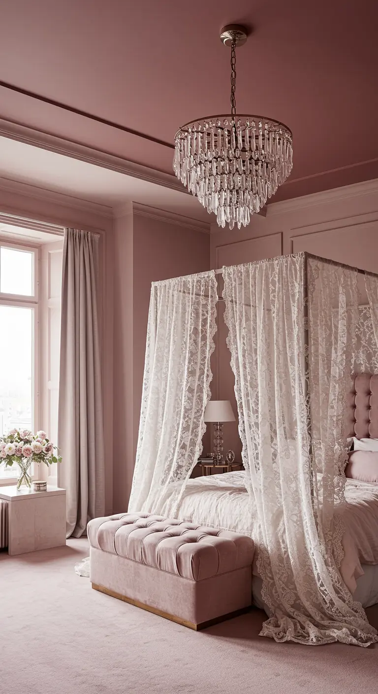 Monochromatic dusty rose bedroom with a lace canopy over a tufted bed.