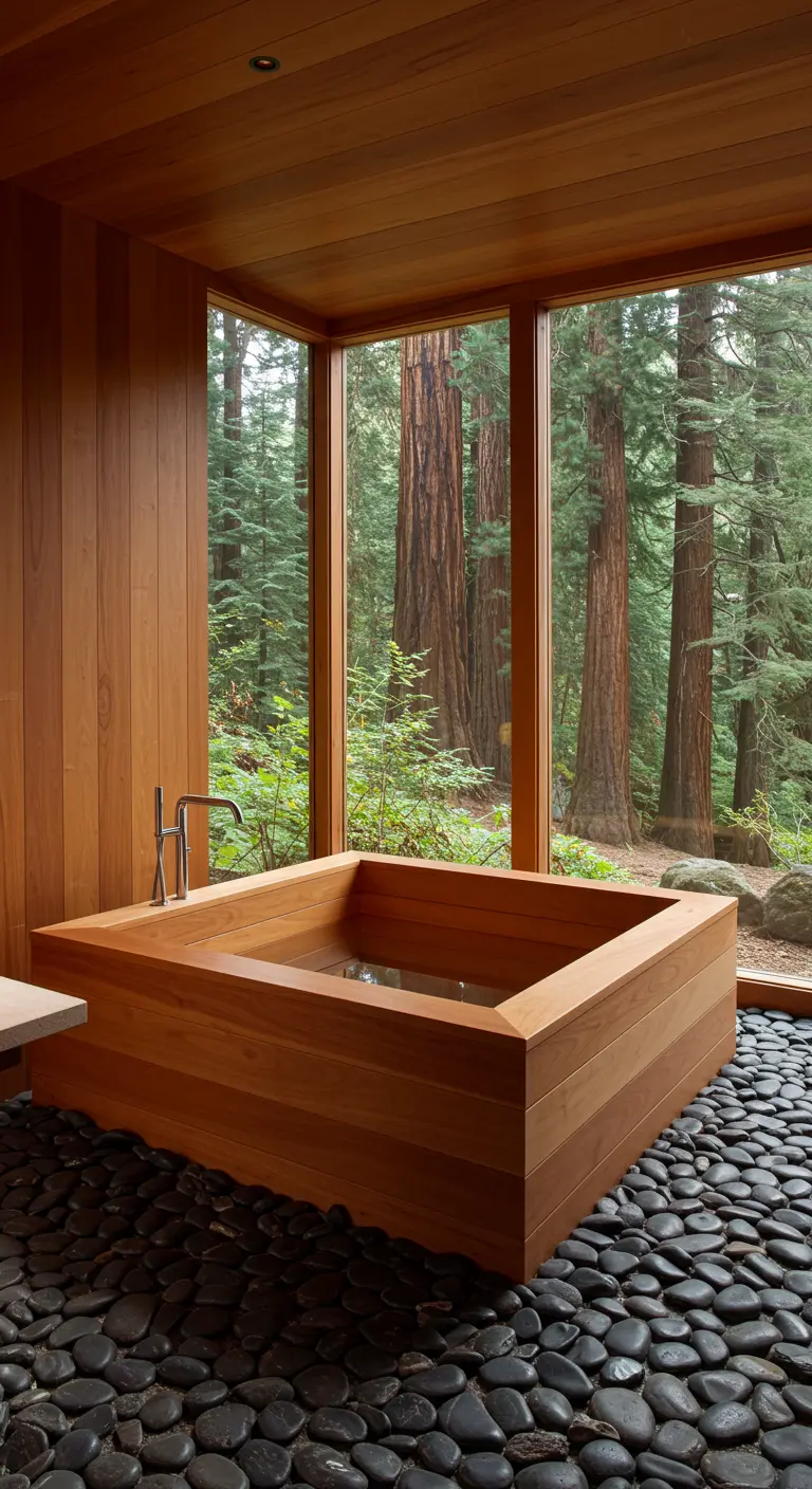 A square wooden tub sits in a wood-paneled bathroom with a view of a redwood forest.